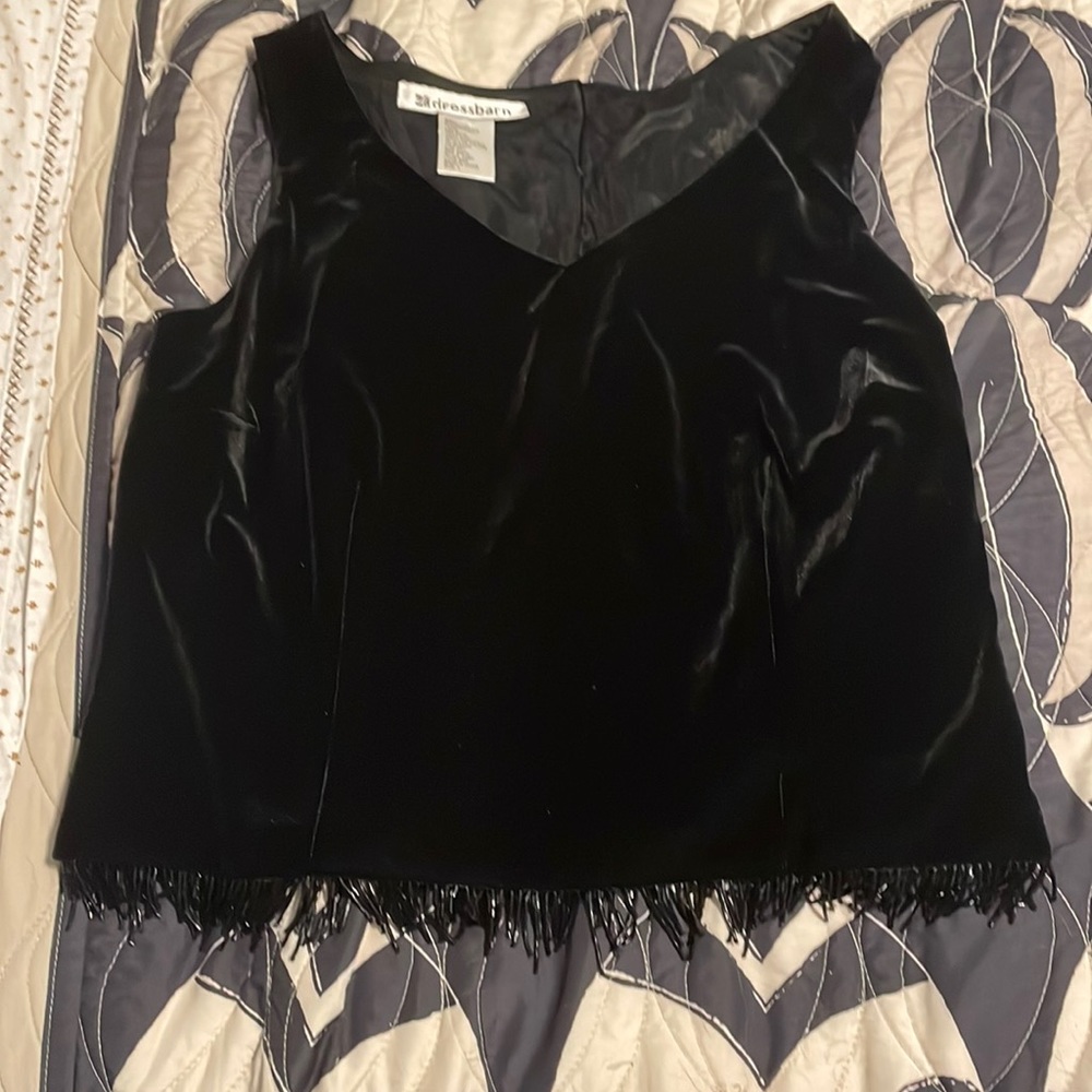 Super fun black velvet top w beaded fringe and rhinestone buttons